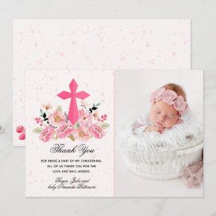 Carte De Remerciements Fille Photo Christening Aquarelle rose Floral