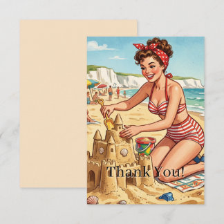 Carte De Remerciements Fille Pin Up Vintage Faisant un Château de Sable |
