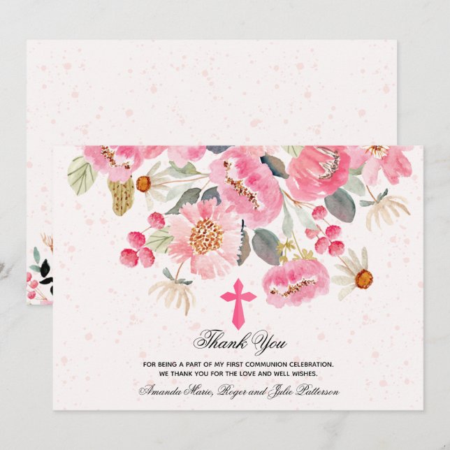 Carte De Remerciements Fille première communion aquarelle rose floral (Devant / Derrière)