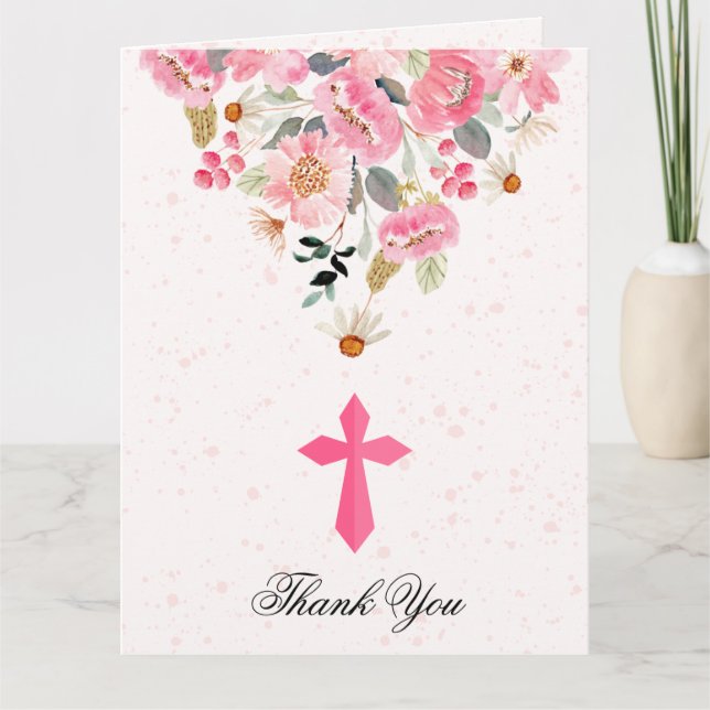 Carte De Remerciements Fille première communion aquarelle rose floral pli (Devant)