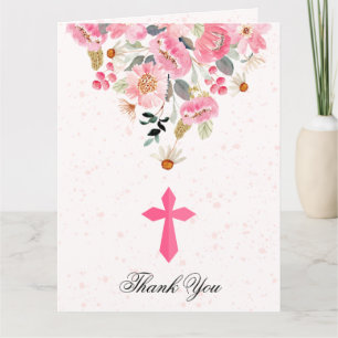 Carte De Remerciements Fille première communion aquarelle rose floral pli