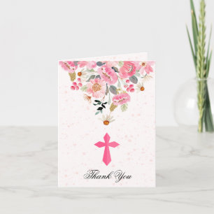 Carte De Remerciements Fille Première Communion Rose Floral Plié