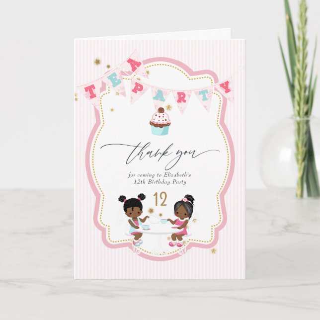 Carte De Remerciements Fille rose et or 12ème anniversaire Tea Party (Devant)