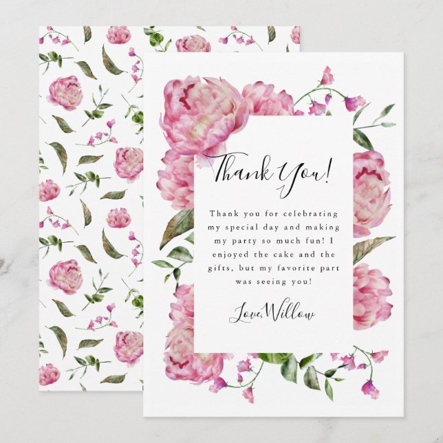 Carte De Remerciements Fille rose florale fête d'anniversaire (Devant / Derrière)