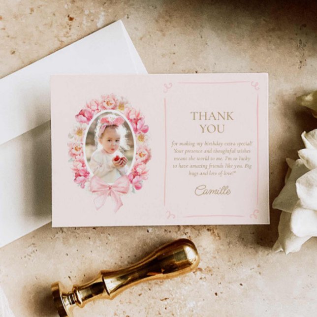 Carte De Remerciements Fille rose florale photo d'anniversaire (Pink Floral Birthday Photo thank you card)