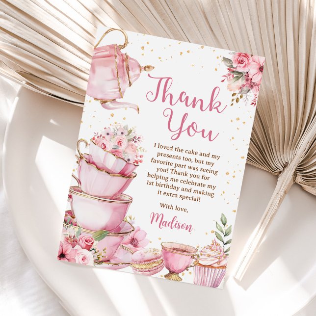 Carte De Remerciements Fille Rose & Gold Floral Tea Party Anniversaire (Créateur téléchargé)