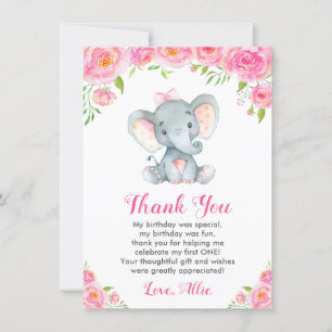Carte De Remerciements Fille rose Premier Anniversaire Elephant Petit Ara