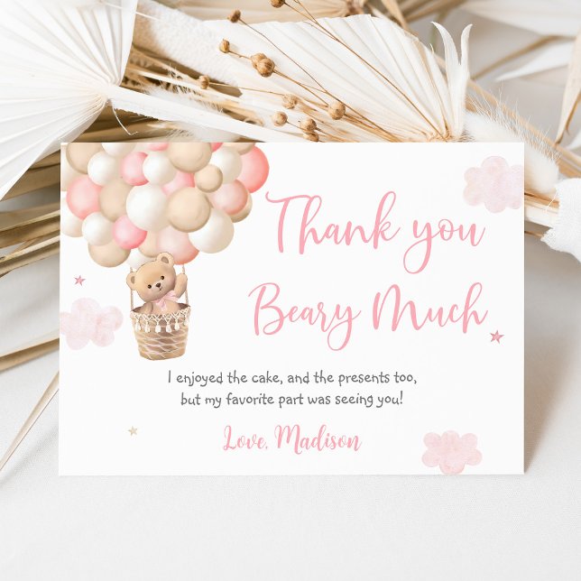 Carte De Remerciements Fille rose Teddy Boloons Ours Anniversaire (Créateur téléchargé)