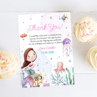 Carte De Remerciements Fille Sirène 1ère fête d'anniversaire