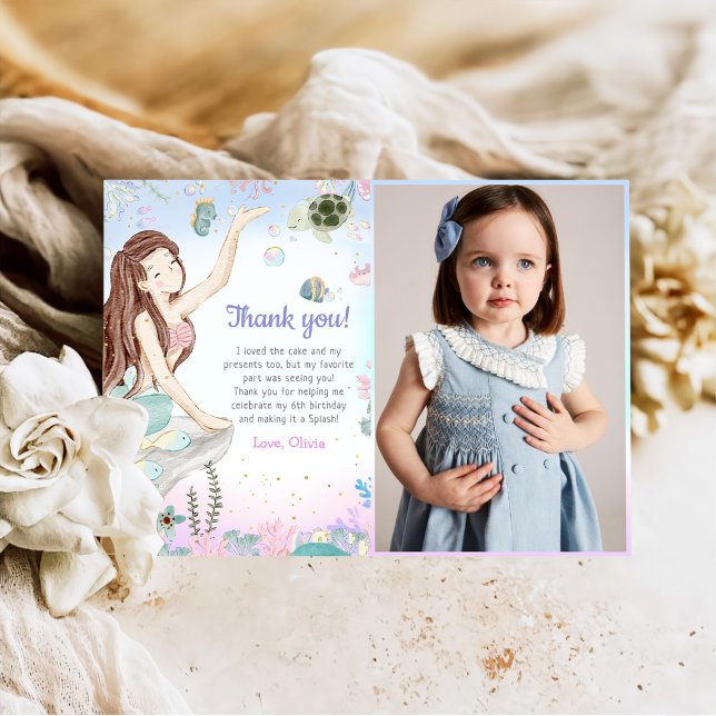 Carte De Remerciements Fille Sirène Fête d'anniversaire Photo (Créateur téléchargé)