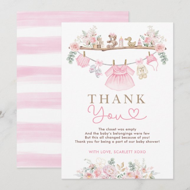 Carte De Remerciements Fille Vêtements de bébé rose Baby shower floral (Devant / Derrière)