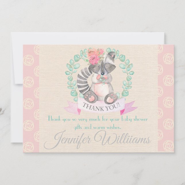 Carte De Remerciements Filles Aquarelle Floral Baby Raccoon Baby shower (Devant)