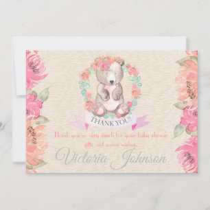 Carte De Remerciements Filles Aquarelle Floral Baby shower de l'ours bébé
