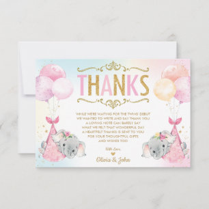 Carte De Remerciements Filles jumelles Whimsical Baby shower éléphant sau