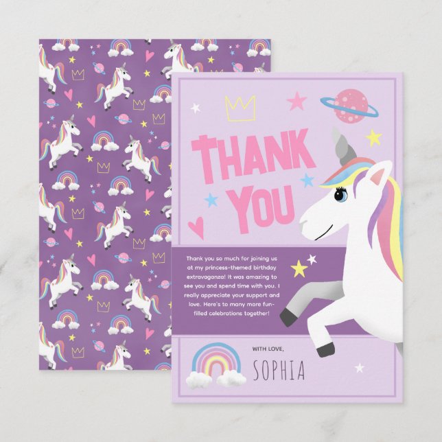 Carte De Remerciements Filles Licorne Violette Magique Anniversaire Enfan (Devant / Derrière)