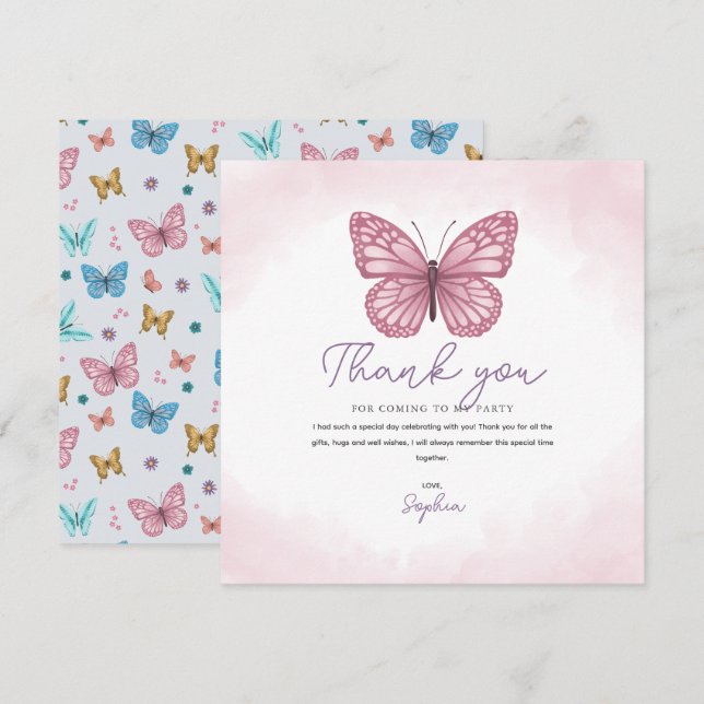 Carte De Remerciements Filles Mignon Papillon Aquarelle Rose Enfants (Devant / Derrière)