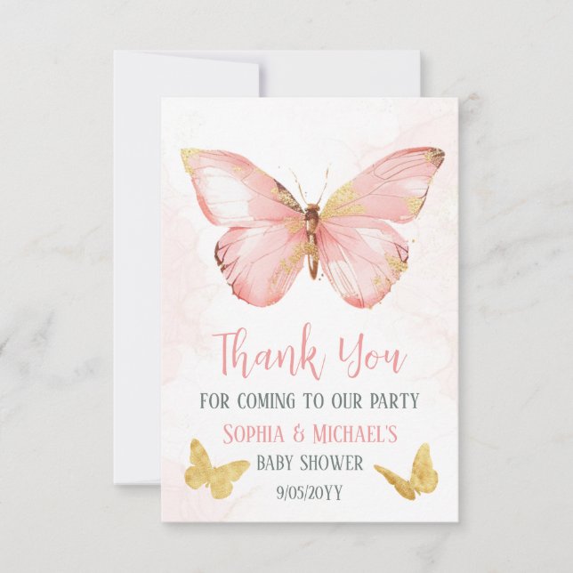 Carte De Remerciements Filles mignonne Blush Papillon rose Baby shower Pa (Devant)