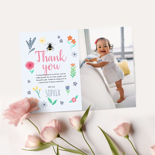 Carte De Remerciements Filles Mignonnes Fleurs Abeille Enfants Anniversai (Créateur téléchargé)