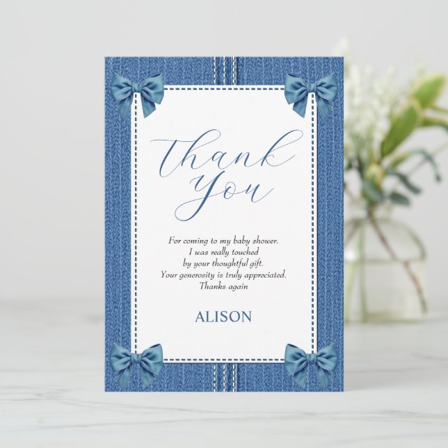 Carte De Remerciements Fils bleu avec coutures et arcs bébé douche (Debout devant)
