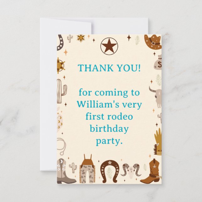 Carte De Remerciements First Rodeo Cowboy First Birthday (Devant)