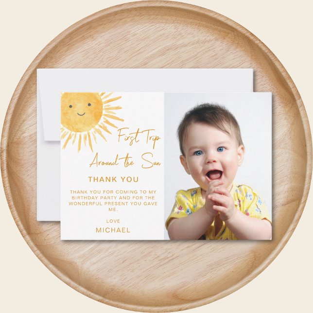 Carte De Remerciements First Trip Around The Sun 1st Birthday Photo (Créateur téléchargé)