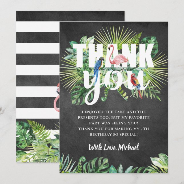 Carte De Remerciements Flamant rose de verdure tropicale noir blanc Chalk (Devant / Derrière)