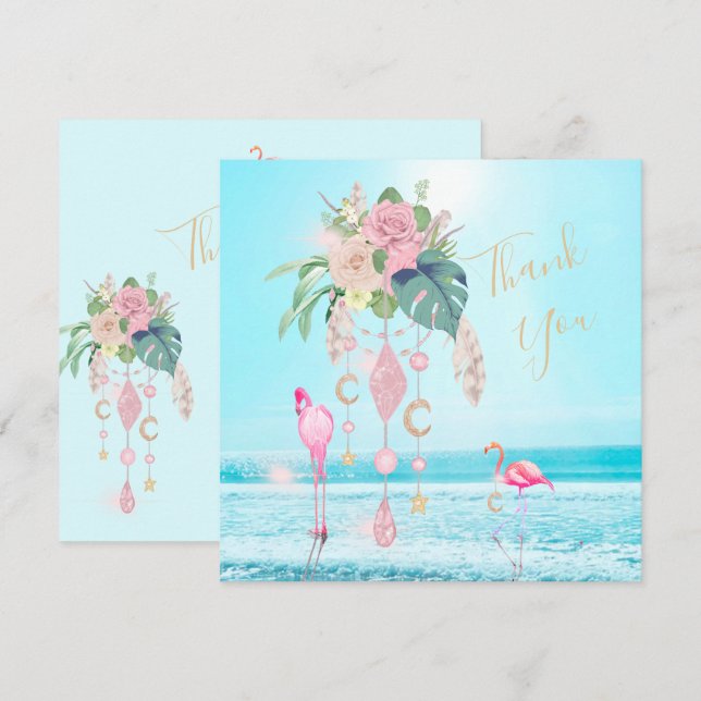 Carte De Remerciements Flamant rose Jewel Beach Floral (Devant / Derrière)