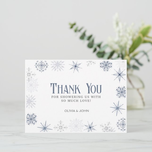 Carte De Remerciements Flammes de neige d'hiver, bleu et gris (Debout devant)