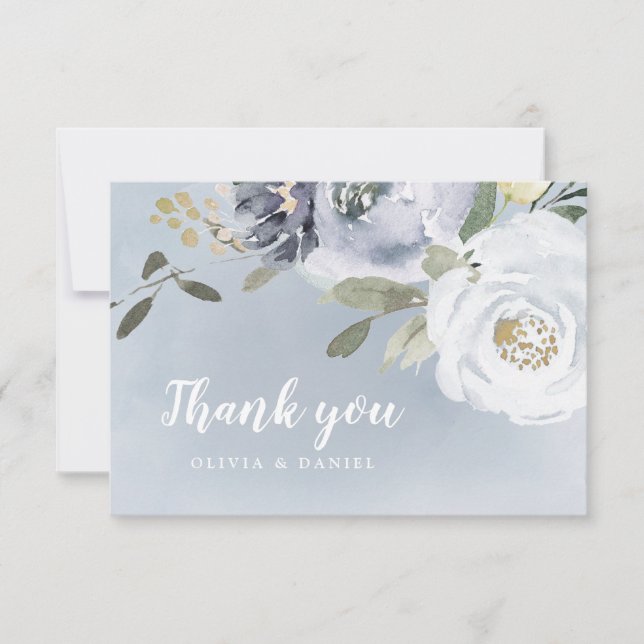 Carte De Remerciements Fleur botanique fleurie bleu poussiéreux aquarelle (Devant)