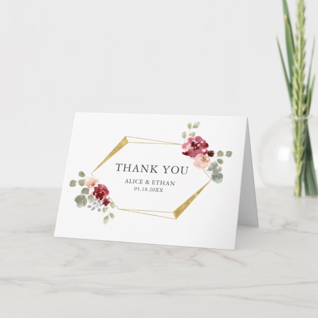 Carte De Remerciements Fleur Bourgogne Géométrique Et Mariage Eucalyptus (Devant)
