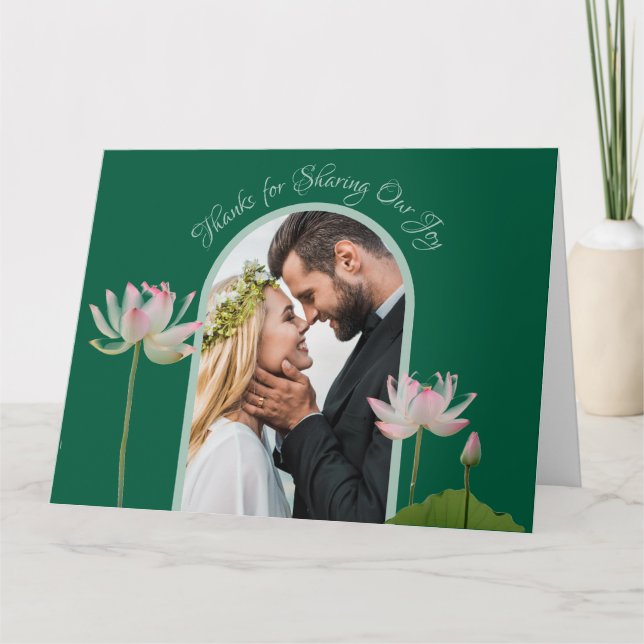 Carte De Remerciements Fleur de Lotus rose et Mariage vert (Devant)