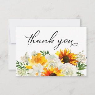 Carte De Remerciements Fleur de tournesol et Rose blanche Floral 2 Blanc