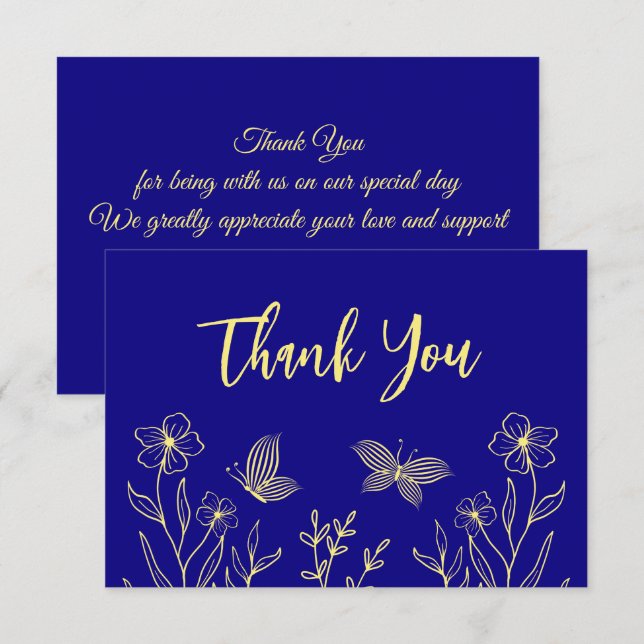 Carte De Remerciements Fleur d'or simple bleu mariage (Devant / Derrière)
