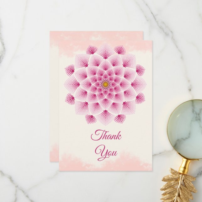 Carte De Remerciements Fleur Mandala rose (Devant/Arrière en situation)