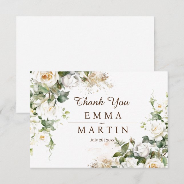 Carte De Remerciements Fleur Mariage Roses Blanches (Devant / Derrière)