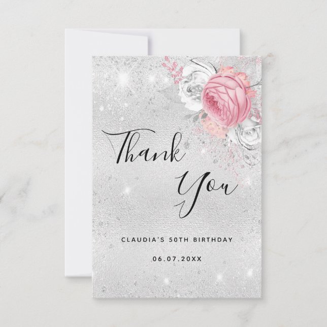 Carte De Remerciements Fleur rose parties scintillant d'argent d'annivers (Devant)