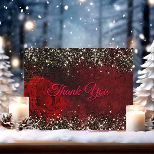 Carte De Remerciements Fleur rouge chic noire paillettes de faux or