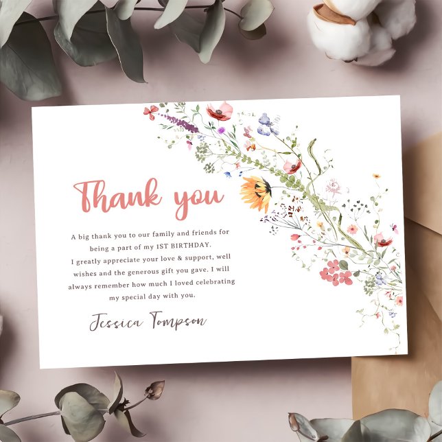 Carte De Remerciements Fleur sauvage Baby Girl 1er anniversaire fête (Créateur téléchargé)