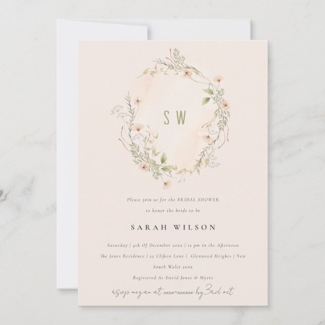 Carte De Remerciements Fleur sauvage Blush Flora Wreath Fête des mariées  (Devant)