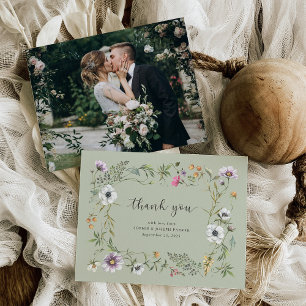 Carte De Remerciements Fleur sauvage botanique   Photo Mariage vert doux
