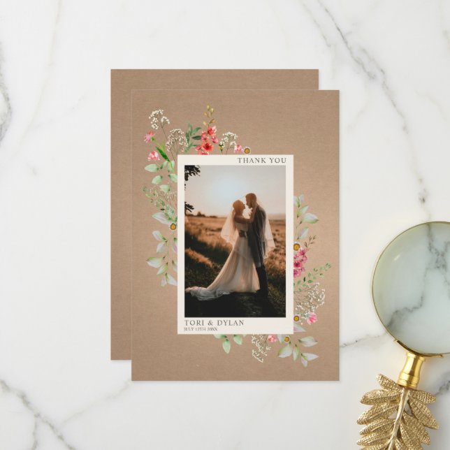 Carte De Remerciements Fleur sauvage Cardstock Boho Mariage botanique Pho (Devant/Arrière en situation)