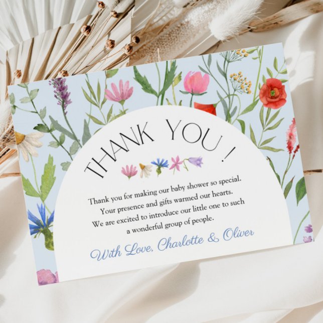Carte de remerciements fleur sauvage de Baby showe (Wildflower Blue Floral Baby Shower Thank You Card)