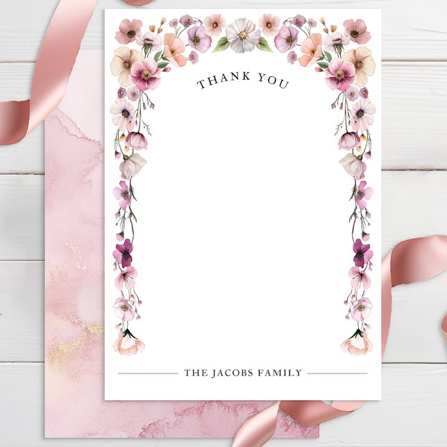 Carte de remerciements Fleur sauvage de couleur ro (Blank Floral Thank You Card)