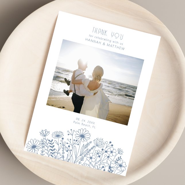 Carte De Remerciements Fleur sauvage Elegant Boho Dusty Blue Photo Mariag (Créateur téléchargé)