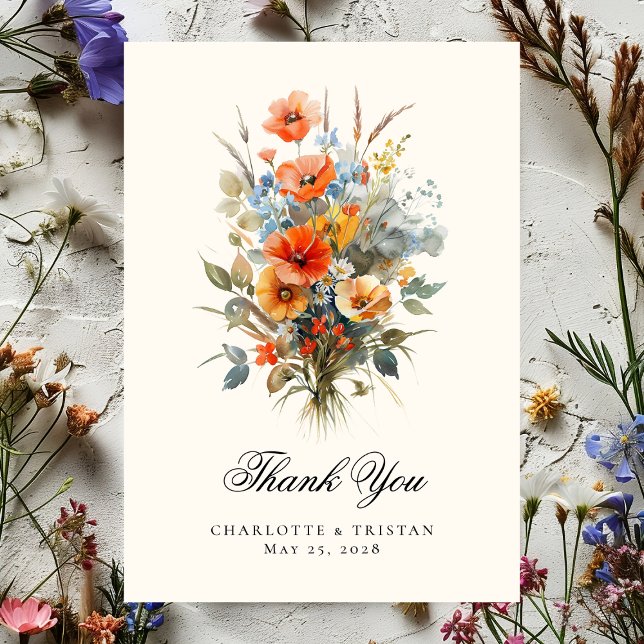Carte De Remerciements Fleur sauvage Mariage Elegant Calligraphie Photo (Créateur téléchargé)