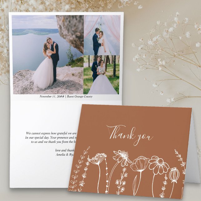 Carte De Remerciements Fleur sauvage orange brûlé Croquis 3 Mariage Photo (3 Photo Wedding Thank You card from my Wildflower Sketch wedding collection)