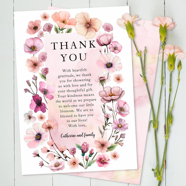 Carte de remerciements Fleur sauvage rose Dusty -  (Floral Thank You Flat Card)