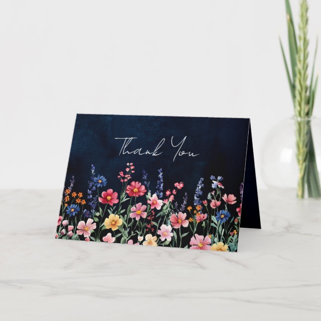 Carte De Remerciements Fleur sauvage Rustique Pays Boho Floral Marine Mar (Devant)