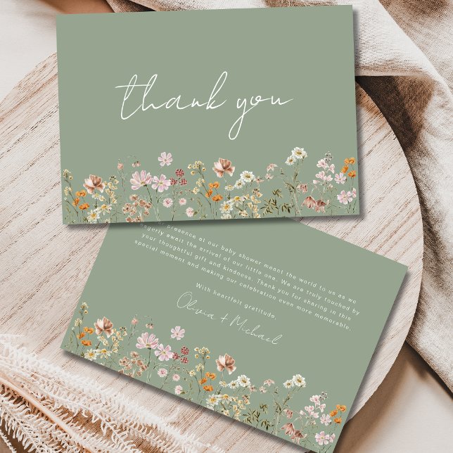 Carte De Remerciements Fleur sauvage Sage Green Baby dans le Baby shower  (Créateur téléchargé)