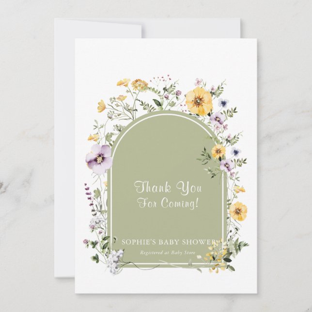 Carte De Remerciements Fleur sauvage Sage Green Baby dans le Baby shower  (Devant)